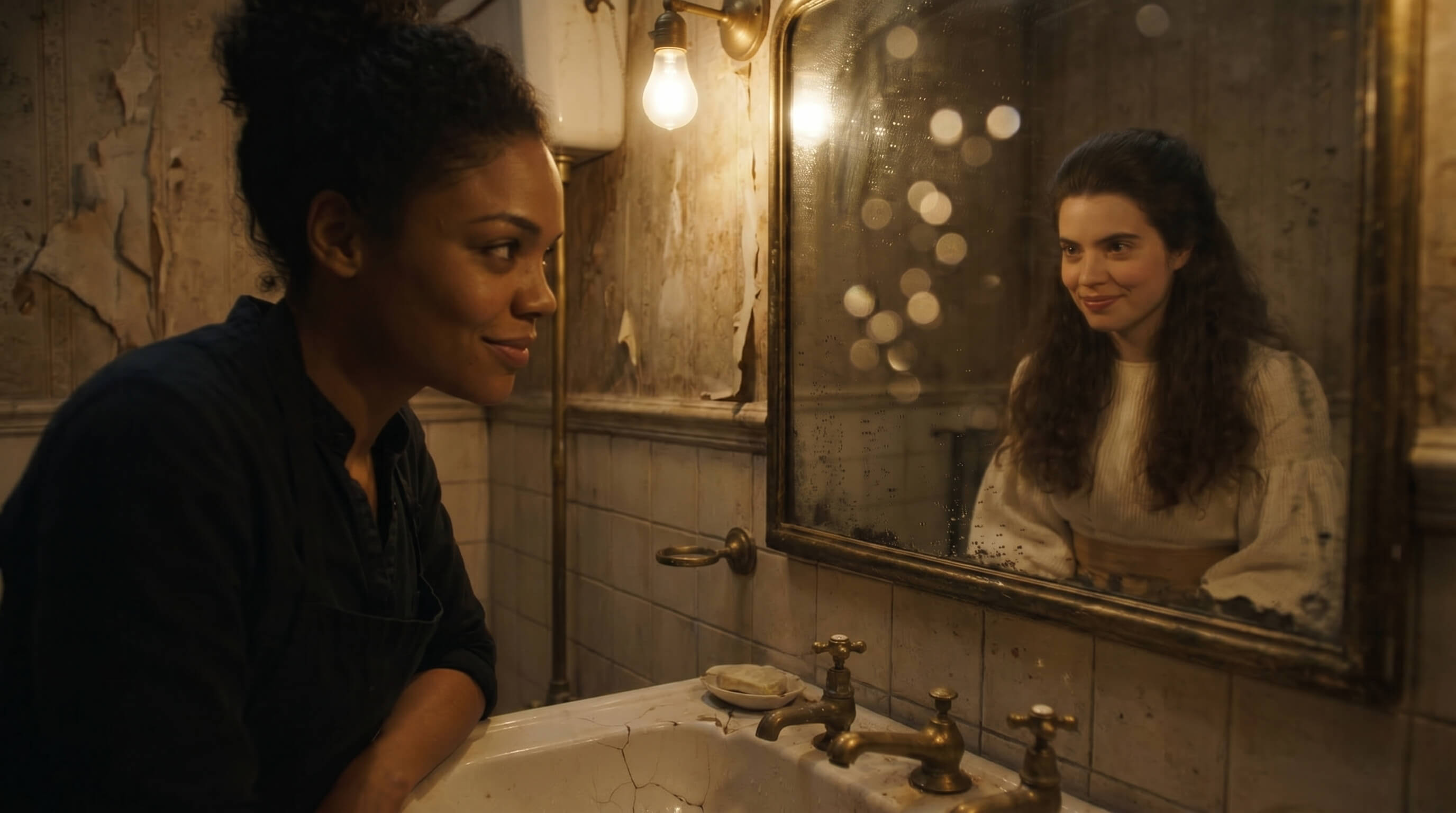 Maya at a sink looking into a mirror that reflects Lucia from 1884
